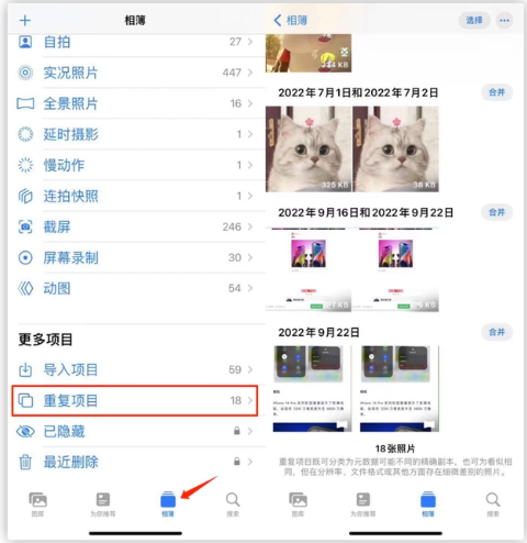 牡丹江苹果手机维修分享iOS 16 中相册重复项目功能使用方法 